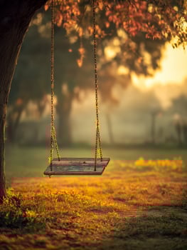 Tranquil sunset scene featuring a lonely childhood swing hanging beneath a canopy of autumn leaves photo