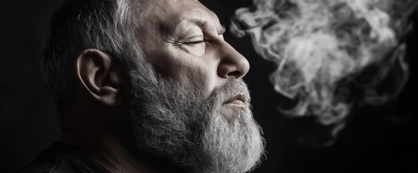 A grayscale portrait of a serene elderly man with a long white beard, eyes closed, exhaling smoke against a dark background. The image evokes contemplation and perhaps a sense of peace. photo