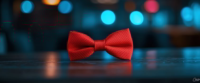 Red Bow Tie on a Dark Surface with Blue Bokeh Background photo