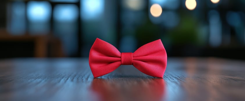 A Classic Red Bow Tie on a Wooden Table photo