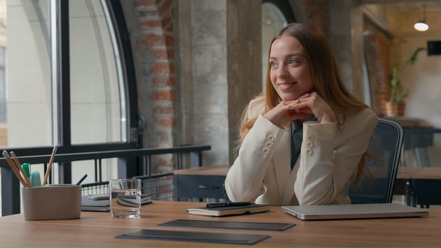 Business woman Caucasian businesswoman girl female office manager employer finishing corporate task ending complete working close laptop satisfied relaxing happy successful looking at window relax photo