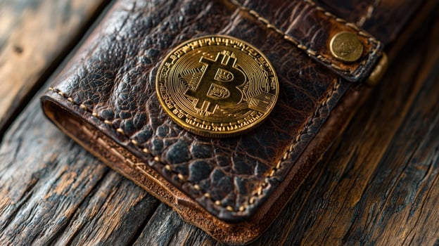 Gold bitcoin coin on a vintage leather wallet placed on wooden surface photo