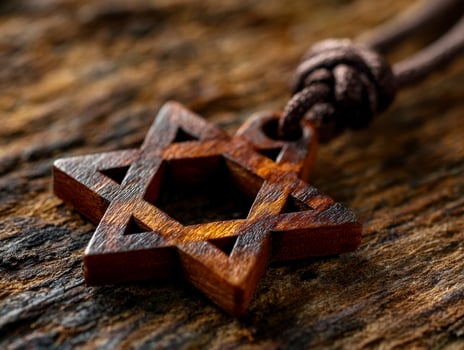 Intricate wooden pendant with geometric design on rustic background photo