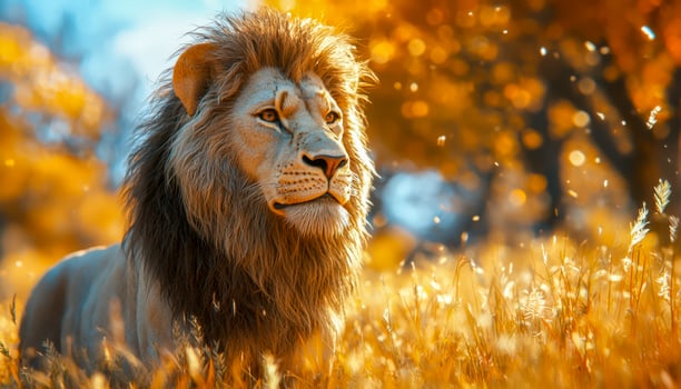 Majestic lion in a vibrant autumn landscape with golden foliage photo