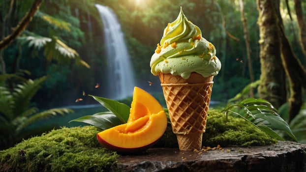 Delicious green tea ice cream cone beside a fresh peach slice in a lush jungle near a waterfall photo