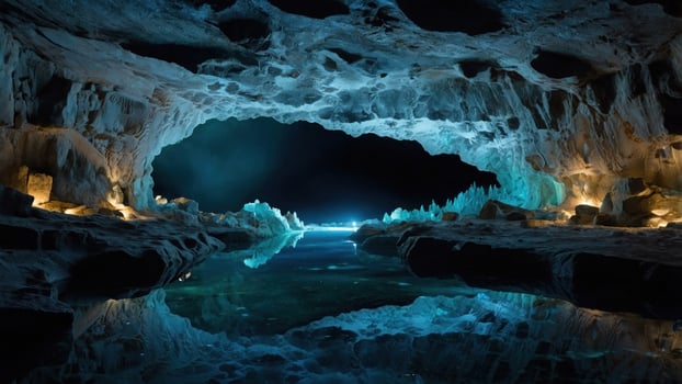 Stunning ice cave with illuminated reflections in water, showcasing natural formations and tranquility photo