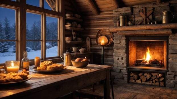Cozy cabin interior with a warm fireplace, rustic dining setup, and snowy landscape outside at night photo