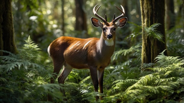 Majestic deer standing gracefully amidst lush green ferns in a tranquil forest setting photo