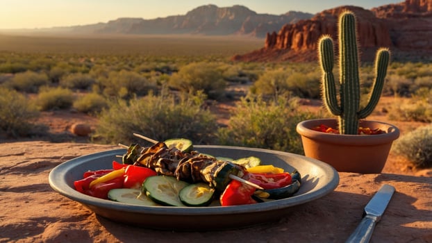 Grilled vegetable skewers served on a plate with a scenic desert landscape and cactus in the background photo