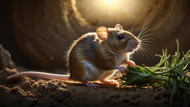 A small mouse holding green foliage in a dimly lit tunnel, with soft light illuminating the scene photo