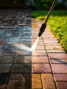 Power washing driveway with a high-pressure water spray on brick pavement photo