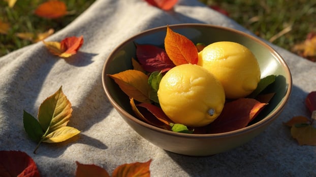 Fresh lemons nestled in a bowl surrounded by vibrant autumn leaves on a sunny outdoor setting photo