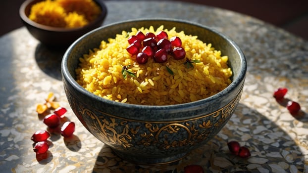 Vibrant bowl of saffron rice garnished with pomegranate seeds on a decorative table outdoors photo