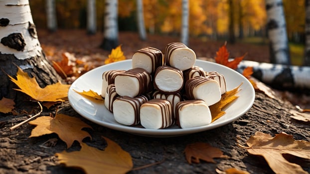 Delicious chocolate-covered marshmallows arranged on a plate surrounded by autumn leaves in a forest photo