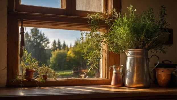 Sunlit kitchen window with herbs in pots, overlooking a serene garden landscape at dusk photo