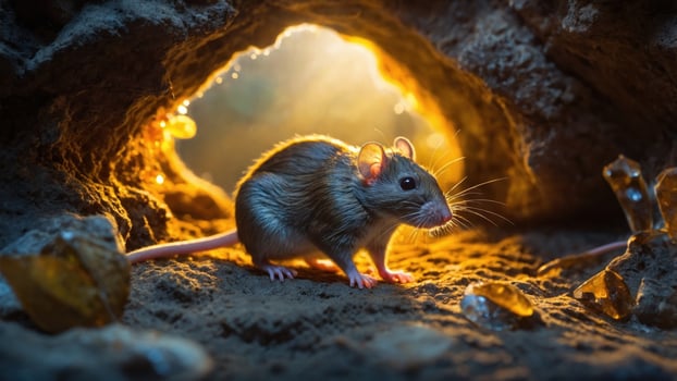 A curious mouse exploring a glittering cave filled with crystals, illuminated by warm light photo