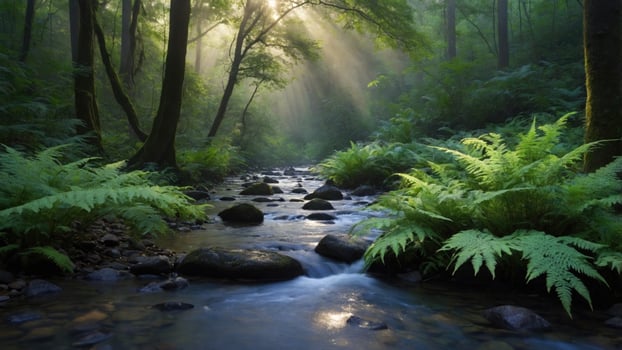 Serene forest stream with sunlight filtering through trees, showcasing lush ferns and tranquil water photo