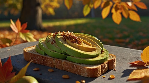 Freshly sliced avocado on whole grain toast garnished with nuts, set in a vibrant autumn park photo
