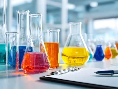 Colorful chemical solutions in laboratory glassware for scientific experiments photo