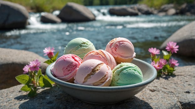 Colorful ice cream scoops in a bowl by a flowing river, surrounded by flowers and rocks photo