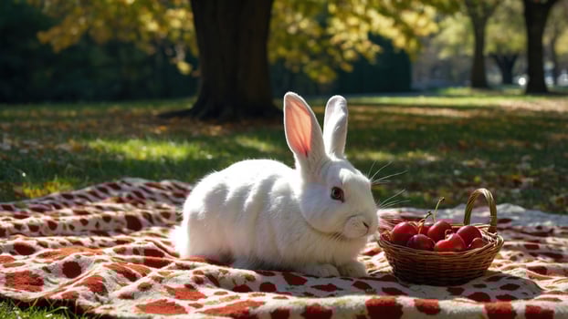 White rabbit resting on a blanket in a sunny park, surrounded by autumn foliage and a basket of cherries photo