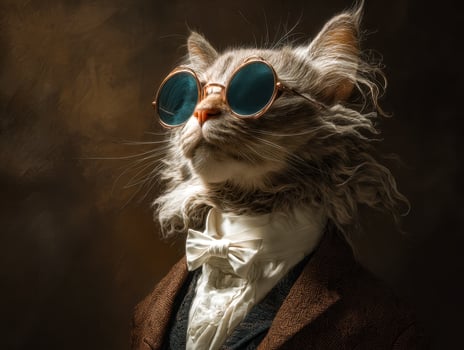 Elegant feline dressed in vintage attire with stylish sunglasses and a bow tie photo