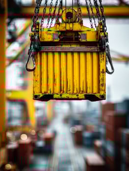Industrial container being lifted in a busy shipping port photo