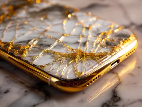Damaged gold-colored smartphone with a shattered screen on a marble surface photo