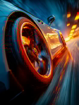 Dynamic motion of a sports car at high speed with blurred lights and reflections photo