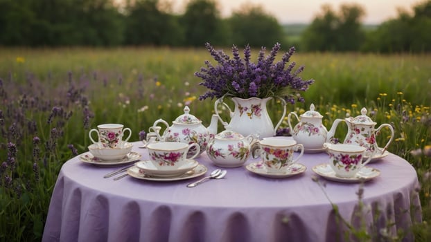 Elegant tea set displayed on a lavender tablecloth in a blooming field during sunset, inviting relaxation photo