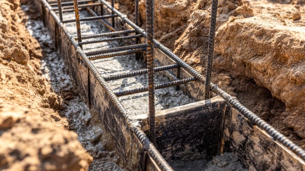 Construction of a reinforced concrete foundation in progress at a building site photo