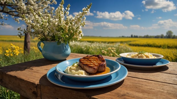Grilled pork chop served with creamy mashed potatoes and fresh flowers in a scenic countryside setting photo