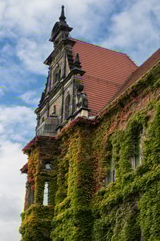 Historic ivy-covered building with ornate facade and red tiled roof on a sunny day with blue sky. Concept of architectural heritage, nature integration, and cultural landmarks photo