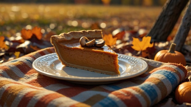 Slice of pumpkin pie on a plate surrounded by autumn leaves and pumpkins in a sunny outdoor setting photo