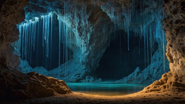 Stunning underground cave with shimmering blue water and icicle formations, illuminated by soft light photo