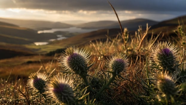 Scenic view of wild thistles in foreground with a serene lake and mountains under dramatic sunset sky photo