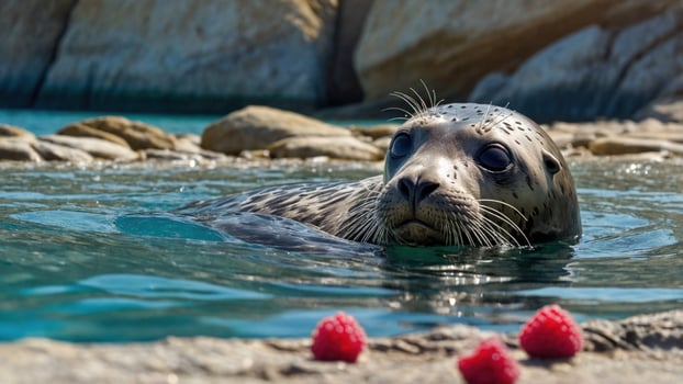 Seal swimming in clear water near vibrant raspberries on rocky shore with serene background photo