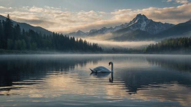Serene Swan Gliding on Calm Lake Surrounded by Majestic Mountains and Misty Forest at Dawn photo
