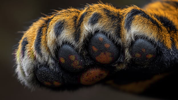 Detailed tiger paw close up showing stripes texture and animal anatomy photo