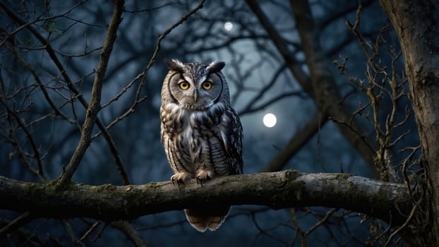 Majestic owl perched on a tree branch at night, surrounded by a dark forest and glowing moonlight photo