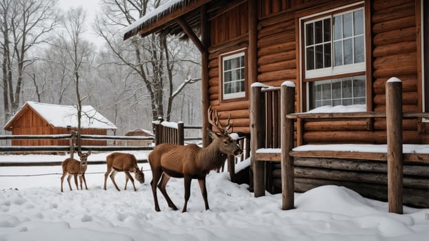Majestic deer roam in a snowy landscape near a rustic log cabin, evoking a serene winter scene photo