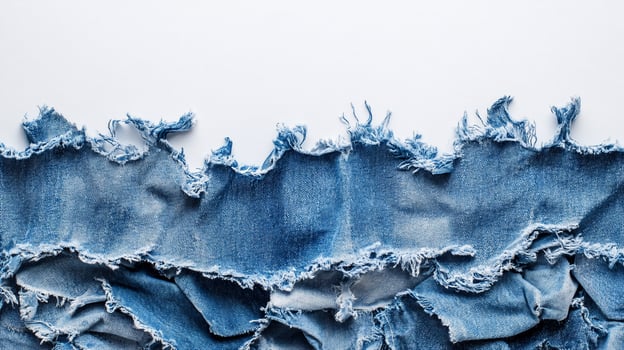 Distressed denim fabric layers on white background textile texture photo