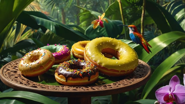 Colorful donuts displayed on a wooden platter amidst lush tropical foliage and a vibrant bird photo