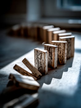 Rustic wooden dominoes arranged in a line with natural sunlight casting shadows photo