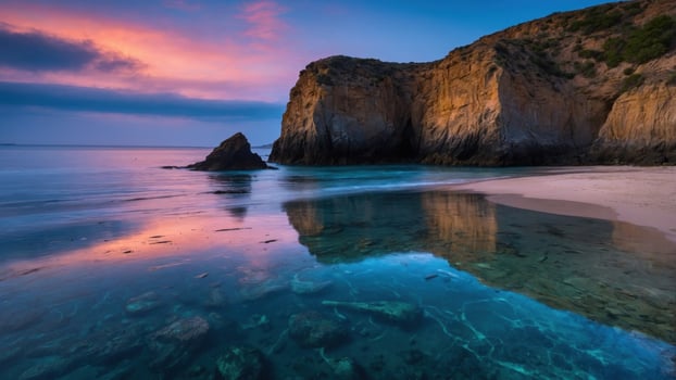 Serene coastal landscape at sunset with vibrant colors reflecting on calm waters and rocky cliffs photo