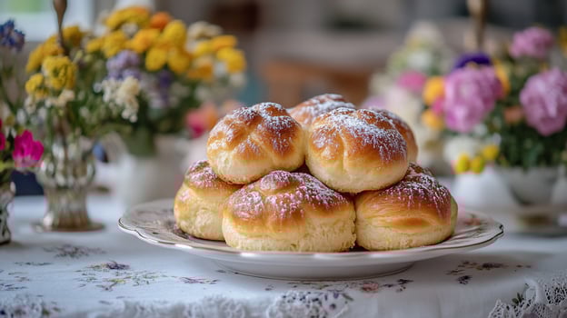 Golden buns stacked high with powdered sugar food still life photo