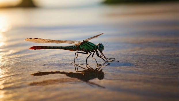 Close-up of a vibrant green dragonfly perched on wet sand during sunset, with soft waves in the background photo