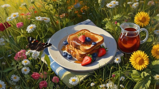 A serene outdoor breakfast scene featuring golden French toast topped with fresh berries and syrup, surrounded by vibrant wildflowers and a butterfly, with a glass of tea nearby photo