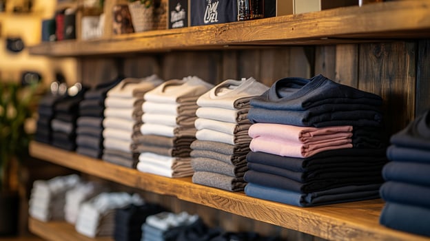 Folded shirt stacks on wooden shelves retail display photo