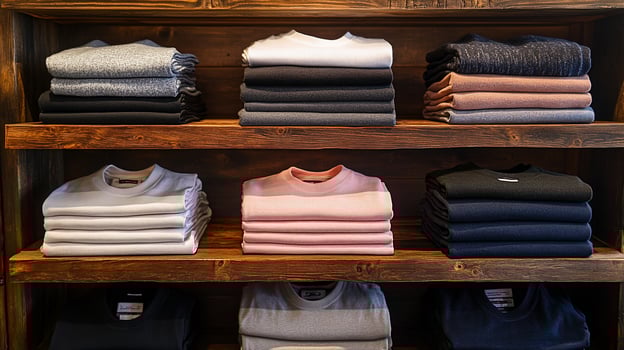 Neatly stacked clothes on wooden shelves in retail setting photo